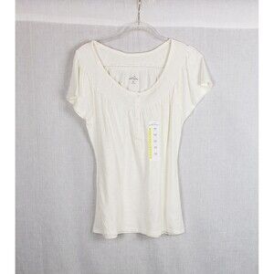 Eddie Bauer Shirt Womens Large Ivory Smocked Yoke Short Sleeve Top Lightweight